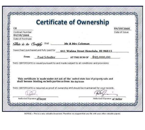 Professional Certificate Of Ownership Template Certificate Templates