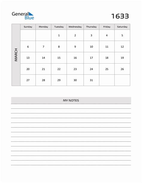 March 1633 Printable Monthly Calendar With Notes