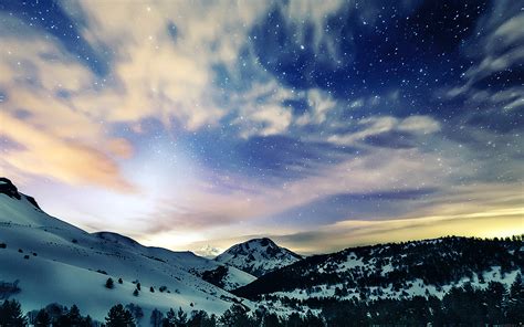 Mk79 Aurora Star Sky Snow Night Mountain Winter Nature