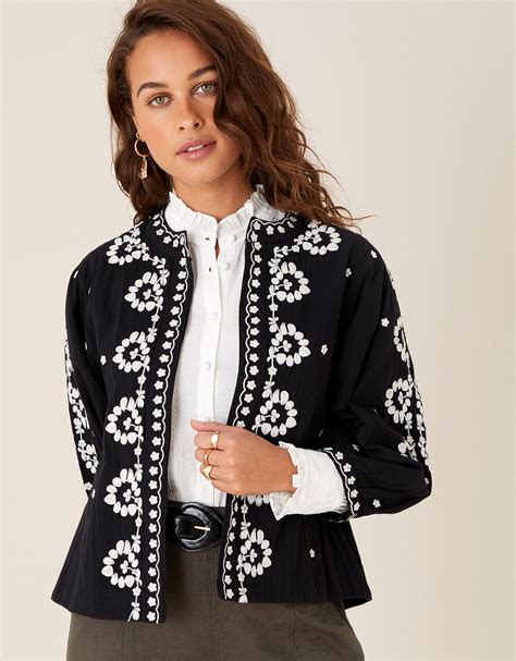Floral Embroidered Jacket In Organic Cotton Black Casualwear Monsoon Global