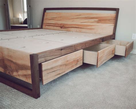 Maple And Walnut Platform Bed With Storage Slanted Headboard Etsy