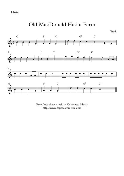 Free Easy Flute Sheet Music Score Old Macdonald Had A Farm