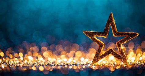Christmas Star Defocused Decoration Gold Blue Bokeh Background Stock