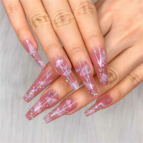 Buy Artquee 24pcs Nude Pink Clear Clouds Ballerina Diamond Long Glossy Coffin Fake Nails Press