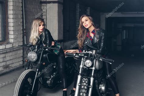 Bikers Women In Leather Jackets With Motorcycles Stock Photo By ©johan