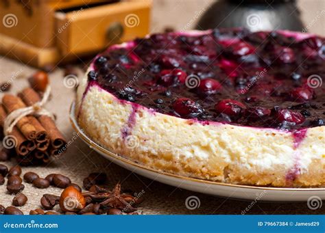 Homemade Cheesecake With Cherry Jam Stock Photo Image Of Cinnamon