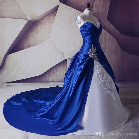 2018 Royal Blue White Wedding Dresses Real Photos Cheap Applique Beaded