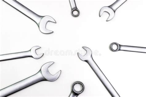 Chrome Wrenches Of Various Sizes Isolated On White Background Stock