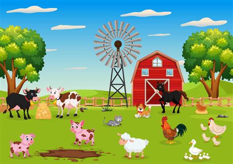 Cartoon Illustration Of Group Of Farm Animals Scenic Farm Animals Cow