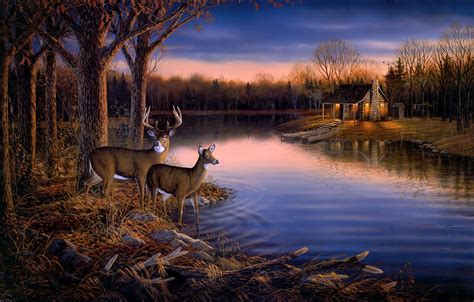 Download House Boat Water Lake Tree Forest Nature Deer Painting