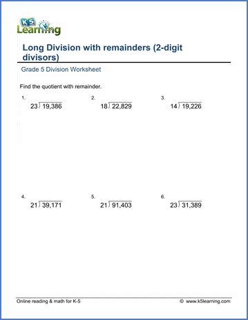 The role of long division is not just to divide one rational number by another, but the algorithm itself contains the aligned series, but the teacher's manual for each grade urges teachers not to teach the standard arithmetic sum of higher powers of ten associated to the places to the left of k. Grade 5 Multiplication & Division Worksheets | K5 Learning