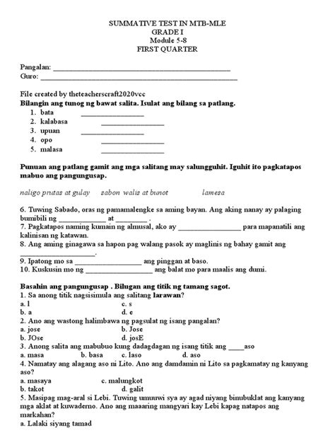 Summative Test In Mtb 1 Docx Summative Test In Mtb Ml