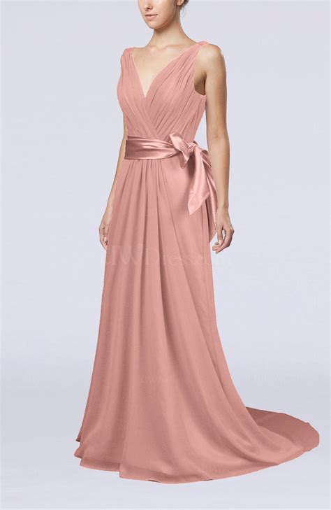 Peach Elegant A Line V Neck Sleeveless Chiffon Ruching Bridesmaid