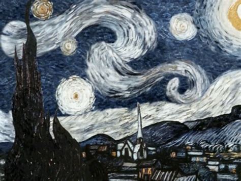 The Starry Night Painting Is Shown With Buildings And Hills In The