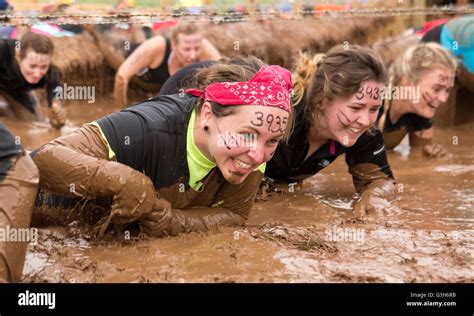 tough mudder obstacle course girls taking on the kiss of mud obstacle at drumlanrig castle