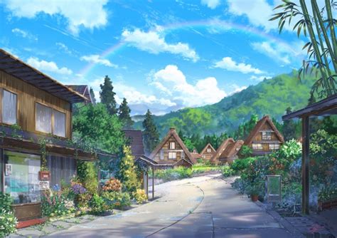 Wallpaper Anime Landscape Houses Scenic Clouds Nature