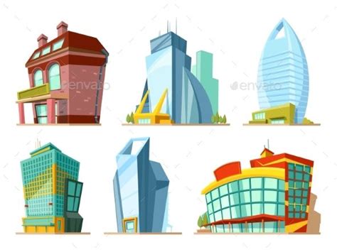 Set Of Different Modern Buildings In Cartoon Style Cartoon Styles