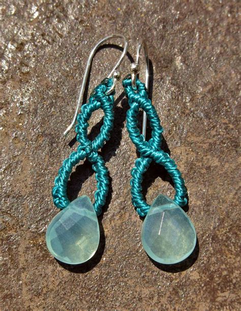 Aquamarine Teardrops In Handmade Macrame Earrings With Knot Stud