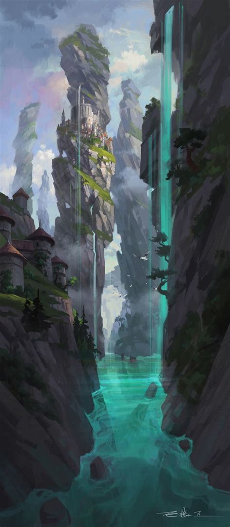 Magical Scenery Waterfalls Cliffs Village In The Sky Fantasy