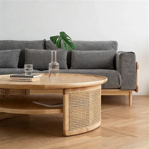 2 Tiered Modern Round Wood Coffee Table With Rattan Base Made Coffee