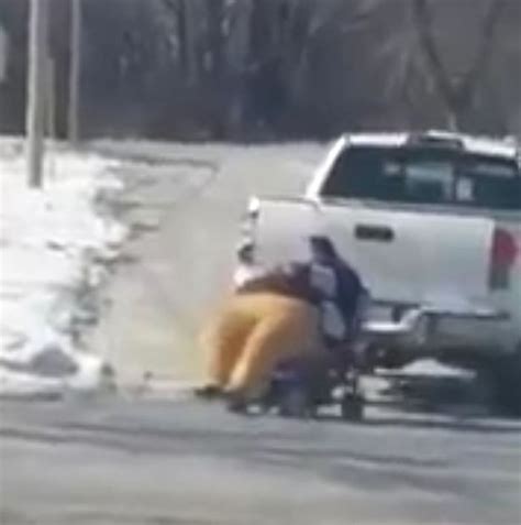 Obese Woman Dragged Behind Truck With A Tow Rope Because Shes Too Big
