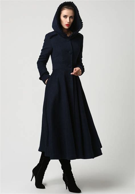 Long Wool Coat Vintage Inspired Navy Wool Swing Coat Womens Coats Wool Coat Winter Hooded