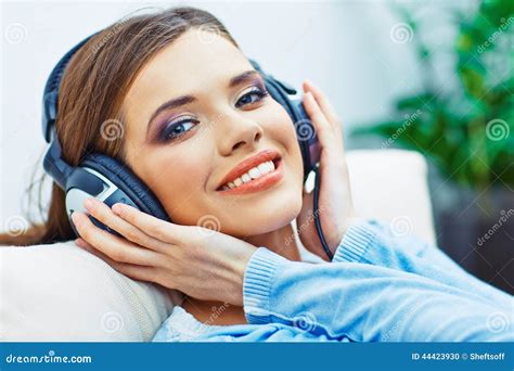 Happy Smiling Woman Listening Music With Headphone Stock Photo Image
