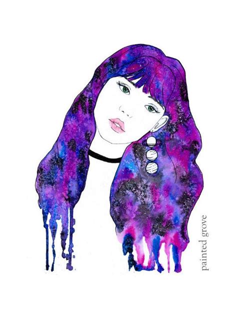 Galaxy Girl Purple Galaxy Hair Watercolor Art Print 8 12 X 11