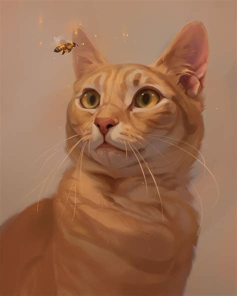 A Painting Of A Cat With A Bee On Its Nose