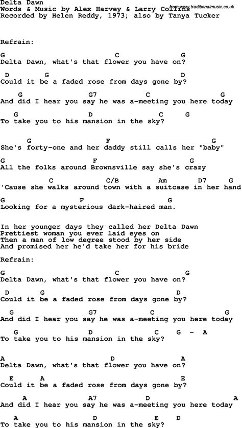 Song Lyrics With Guitar Chords For Delta Dawn Helen Reddy 1973