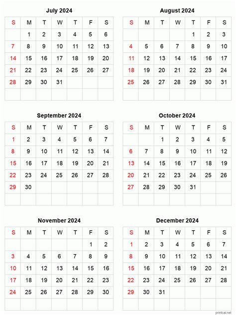 July To December 2024 Printable Calendar Six Months Per Page