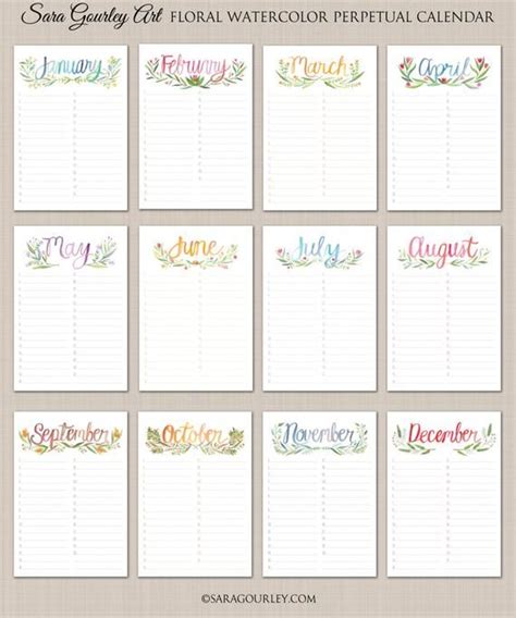 Floral Watercolor Birthday Calendar Spiral Binding Perpetual Calendar