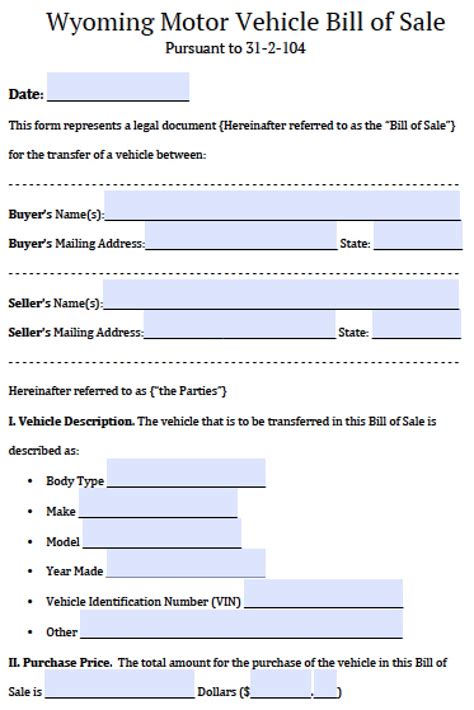 Free Wyoming Motor Vehicle Bill Of Sale Form Pdf Word Doc