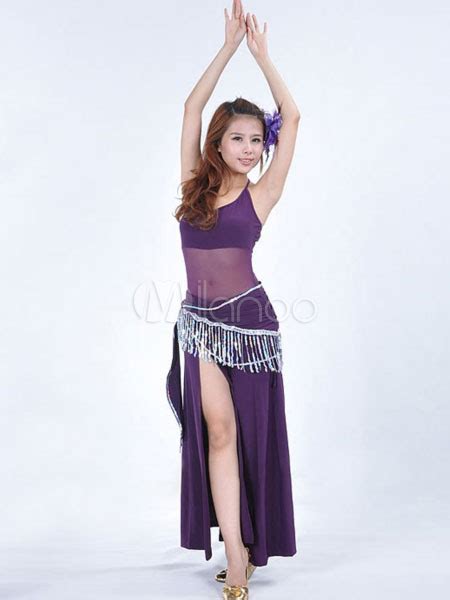 Outfit Belly Dance Costume Purple Clear Waist Splitting Pattern Cotton Blend Womens Bollywood