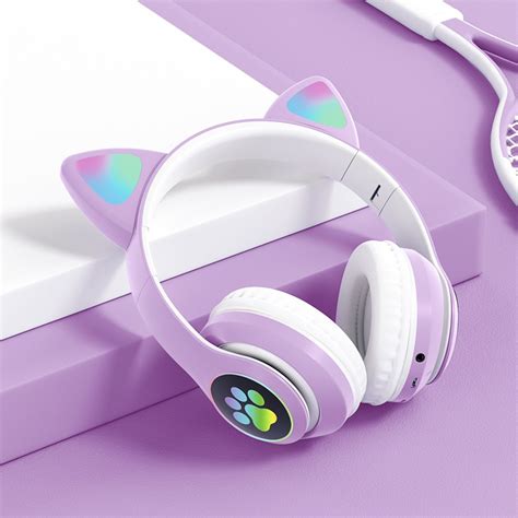 Cute Cat Ears Headset Bluetooth 50 Headphone Pink Over Ear Stereo Headphones Wireless Gaming