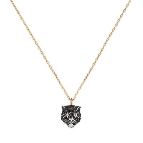 Gucci White And Grey Diamond Cat Pendant Necklace