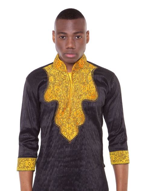Ajah 2 Male Shirt Black Kaftan Gold Embroidery Von Africanisedshop
