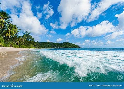Closeup Of Indian Ocean Waves In Seychelles Beach Mahe Island Stock