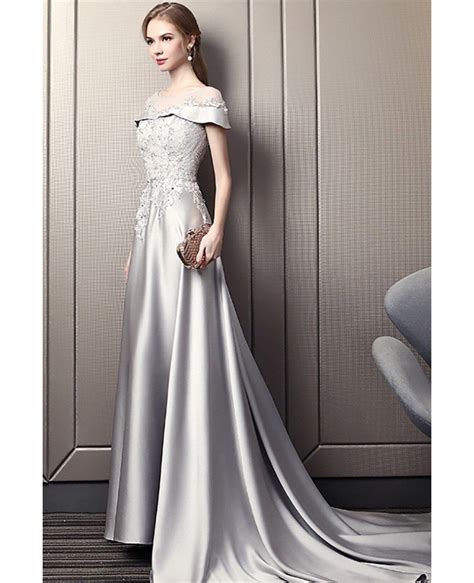 Elegant Grey Long Evening Dress With Beaded Lace Illusion Neckline Dm69083