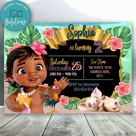 Editable Disney Princess Baby Moana Birthday Invitation Diy Bobotemp
