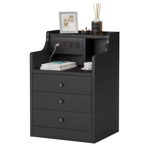 Buy Tiptiper Black Nightstand With Charging Station 3 Drawers Wood