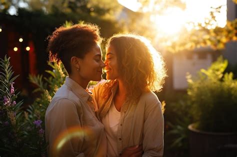 Premium Ai Image Biracial Lesbian Couple Sitting And Embracing In Garden At Sunset