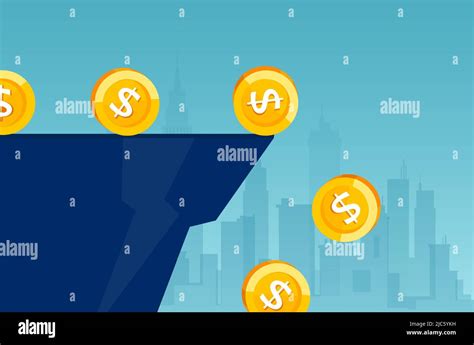 Vector Of Dollar Coins Falling Down Of The Cliff On A City Background