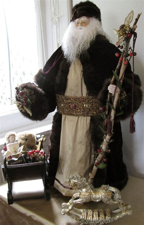 Large Father Christmas Doll Burgundy With Dark Brown Fur And Gold