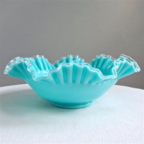 Turquoise Silver Crest Blue Milk Glass Bowl Milk Glass Bowl Blue Milk Decorative Bowls
