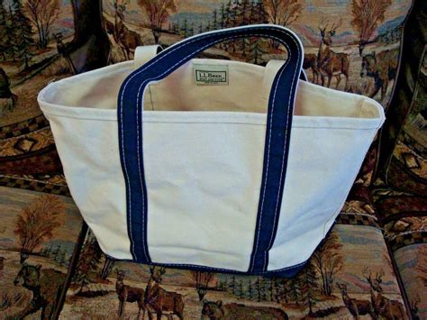 Vintage Large Ll Bean Boat And Tote Cream And Navy Blue Canvas Bag Llbean Tote Boat Tote