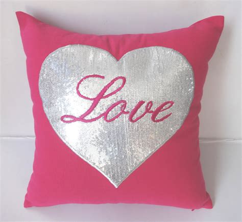 Love Pillow Hot Pink Pillow With Silver Sequin Heart Etsy