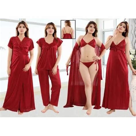 Pattern Solid 6 Pieces Ladies Plain Satin Night Dress Red M Xl At Rs 450set In Meerut