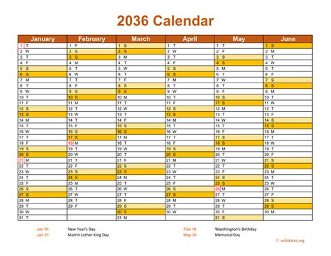 2036 Calendar On 2 Pages Landscape Orientation