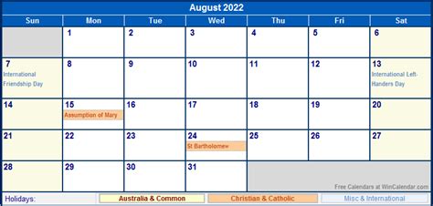 August 2022 Australia Calendar With Holidays For Printing Image Format